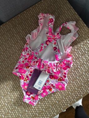 NWT Jacadi Pink Floral Ruffle One-Piece Swimsuit Bow Back